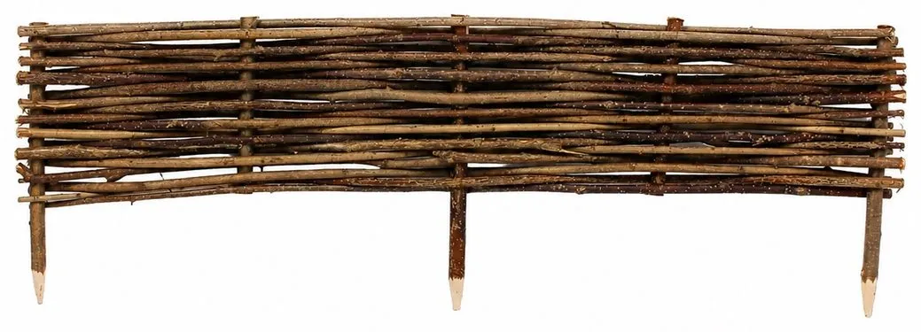A length of border edging, the woven rods on three pointed legs that are pushed in.