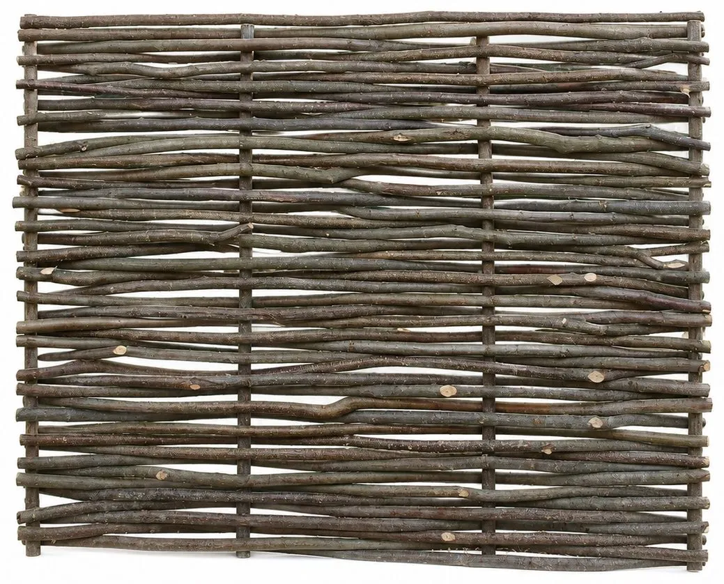 A capped hurdle, the woven rods held top and bottom by a heavier framing rod, bark on.
