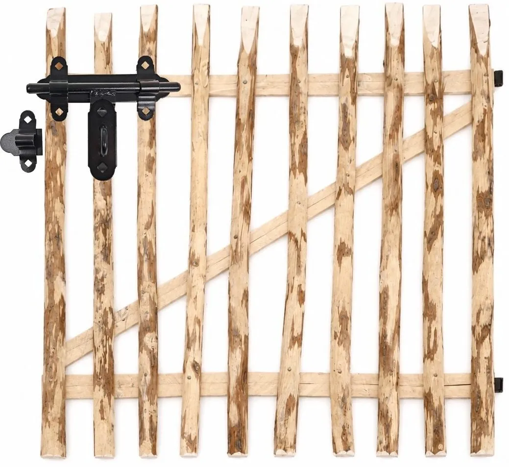 A gate, the pickets on two rails and a diagonal brace, with the slide bolt and its keeper fitted.