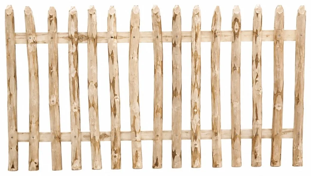 A picket fence panel, the vertical pickets screwed to two horizontal rails.